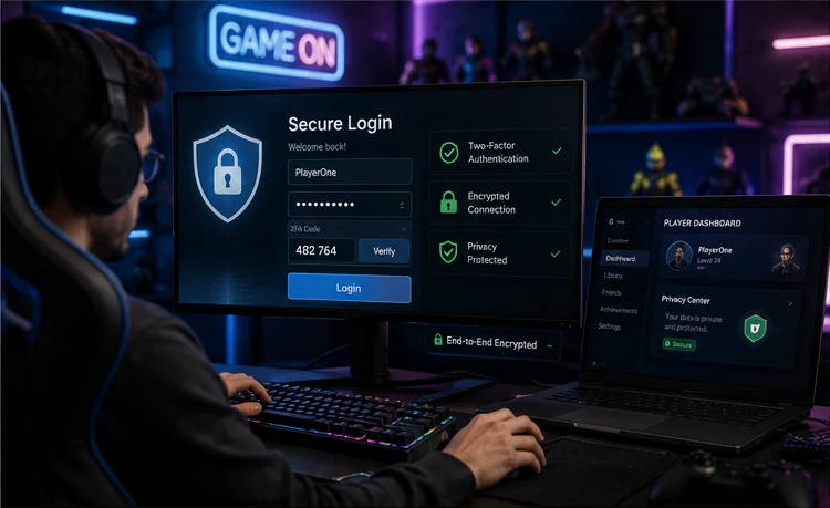 Secure login screen protecting a player's privacy on a gaming platform