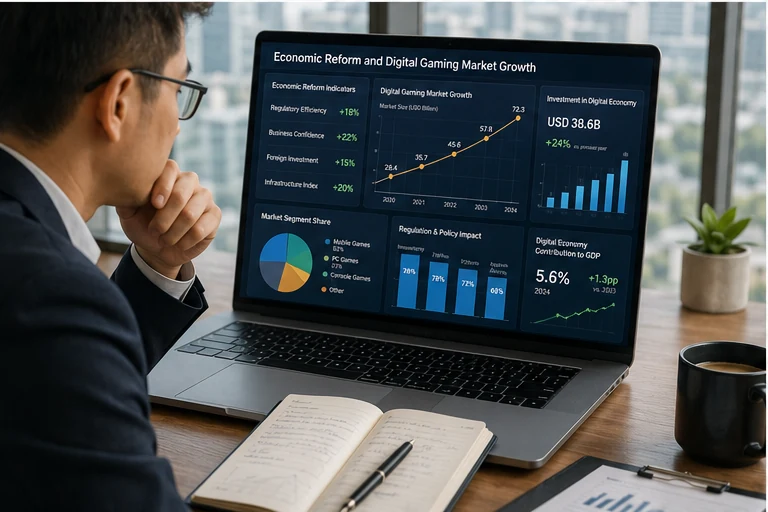 Analyst reviewing charts on economic reform and gaming market growth