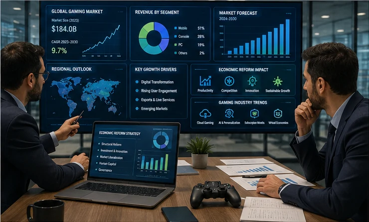 Analyst reviewing charts on economic reform and gaming market growth