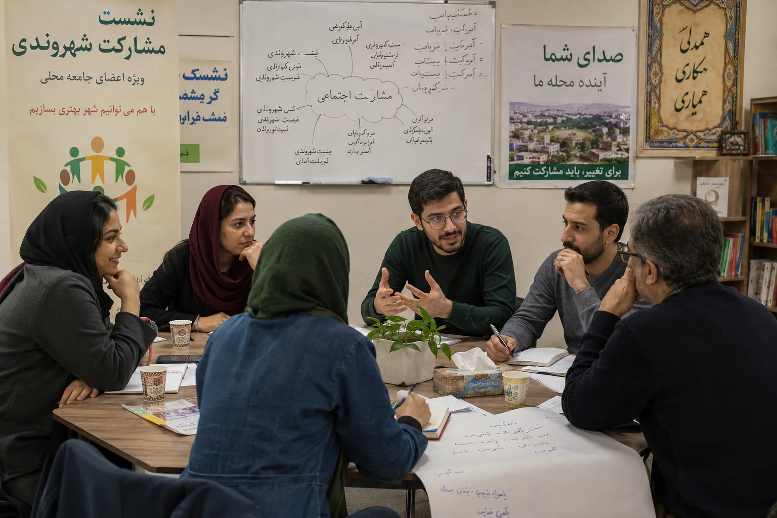 Community members meeting to discuss civic engagement in Iran