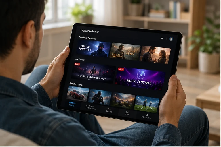Person exploring digital entertainment platforms on a tablet