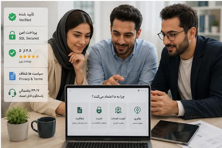 People reviewing signs of a trustworthy institution and online platform